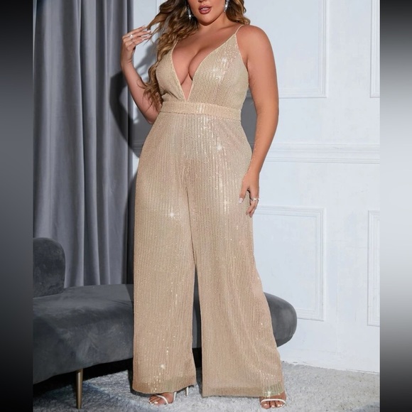 Plus Size Sequin Plunge Neckline Backless Wide Leg Pants Jumpsuit Dress - Picture 6 of 14